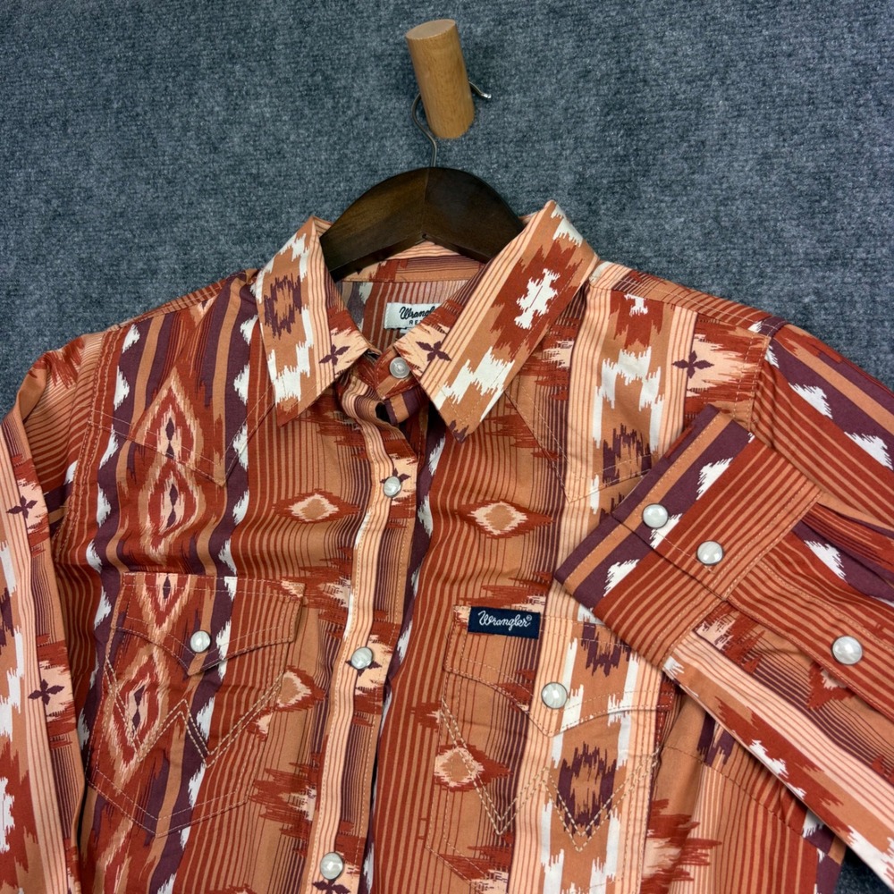 Wrangler Retro Western Shirt Womens Small Orange Ikat Pearl Snap Southwestern S